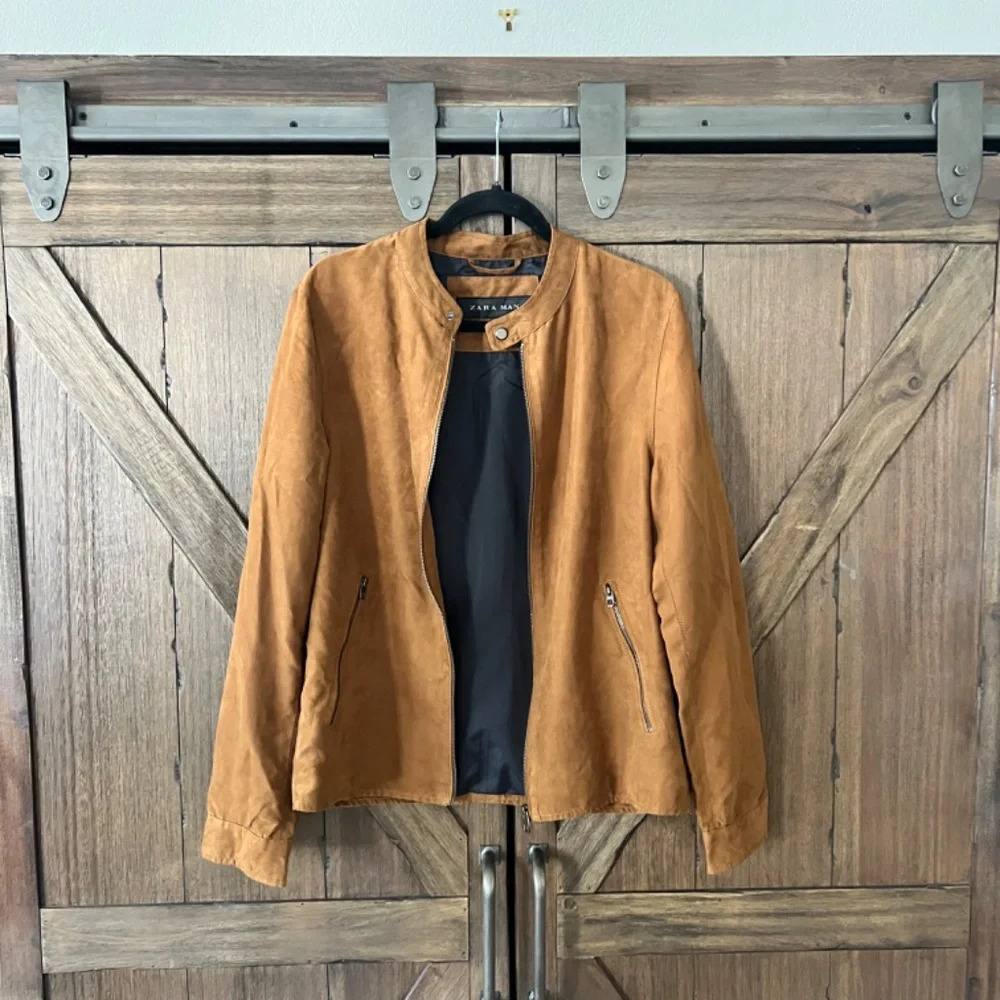 Zara Man Faux Suede Bomber Jacket Camel Size Medium - Picture 3 of 6